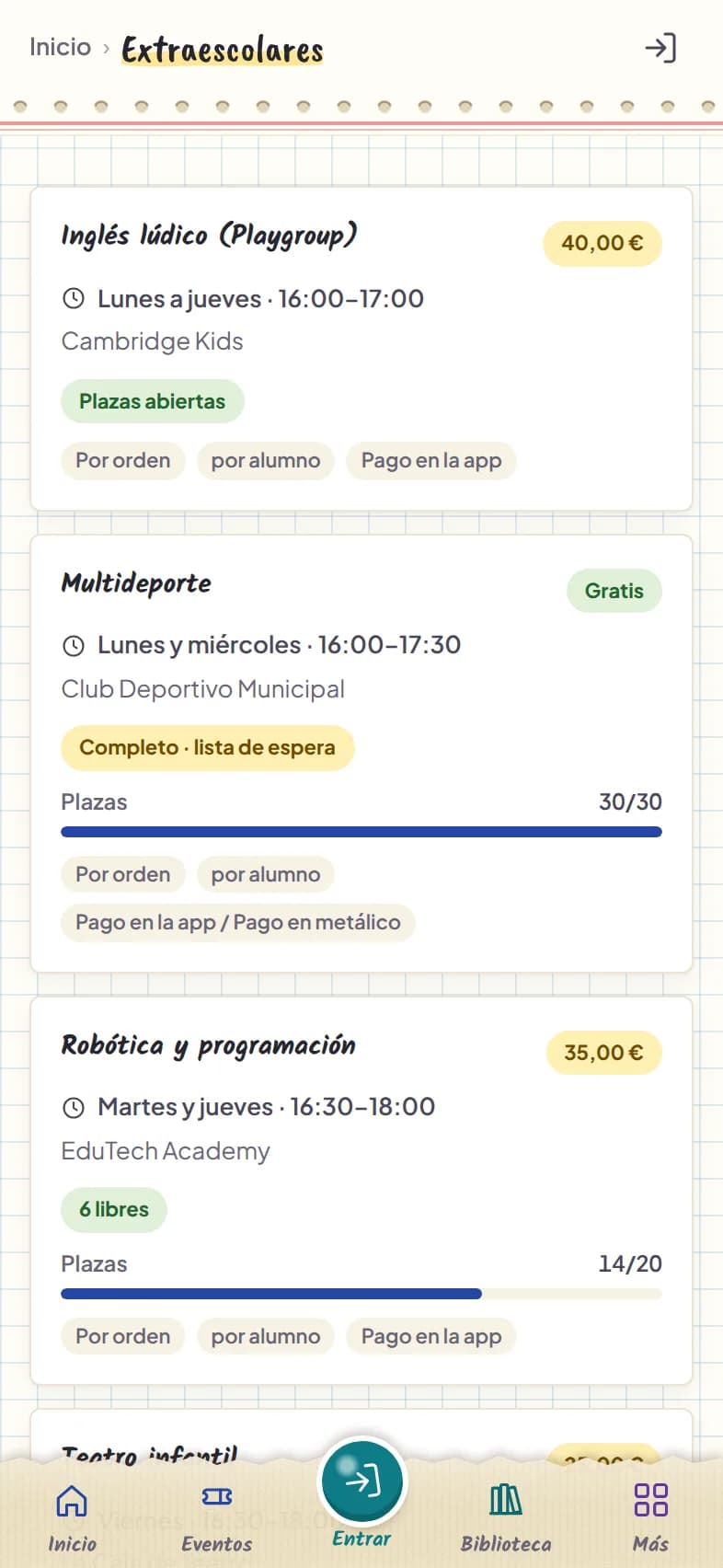 Les extraescolars de l'AMPA a l'app, amb les places lliures de cadascuna