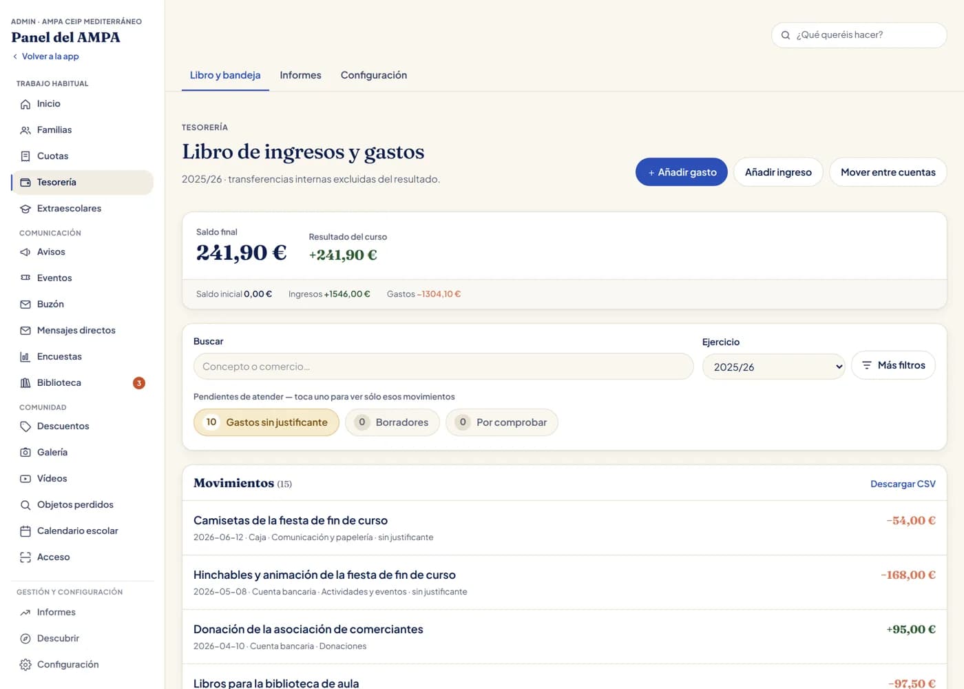 Llibre d'ingressos i despeses de l'AMPA, amb el saldo del curs, els moviments i les despeses pendents de justificant